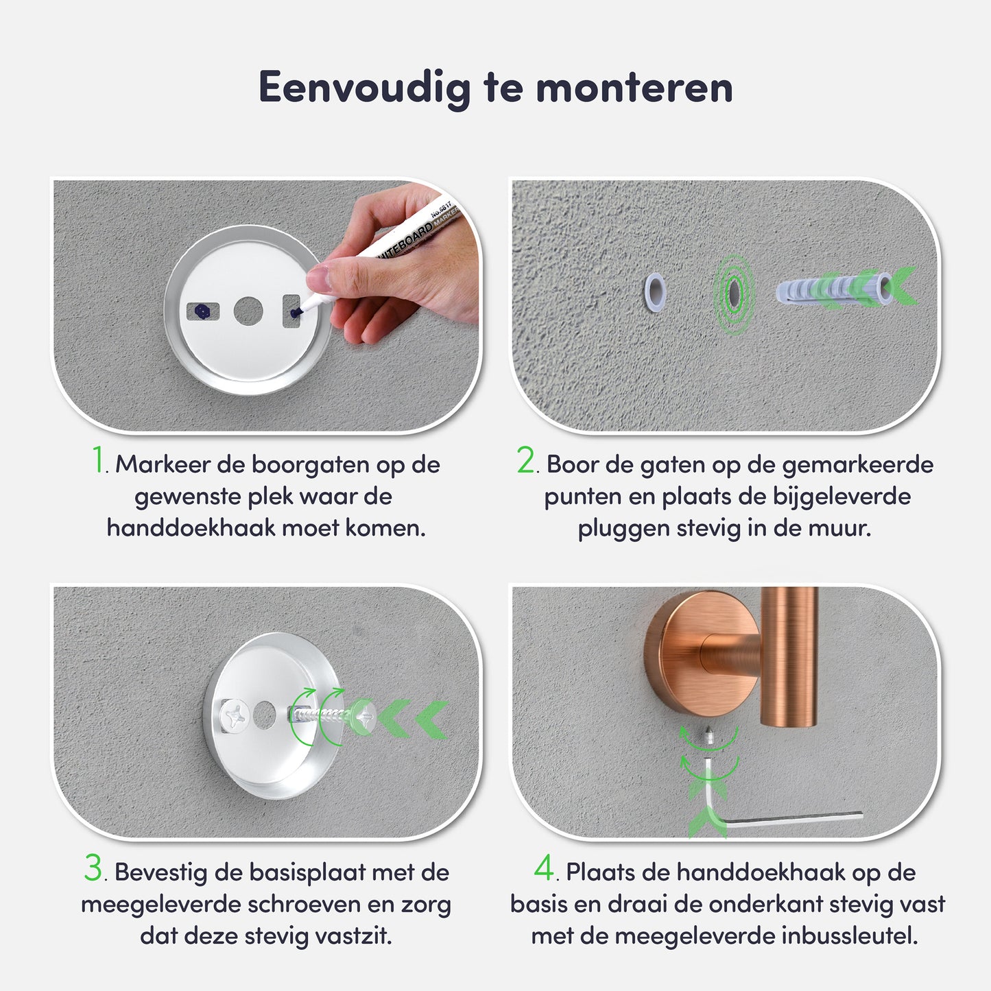 EAVY - Handdoekhaak set van 2 - Boren - Schroef - Geborsteld Koper