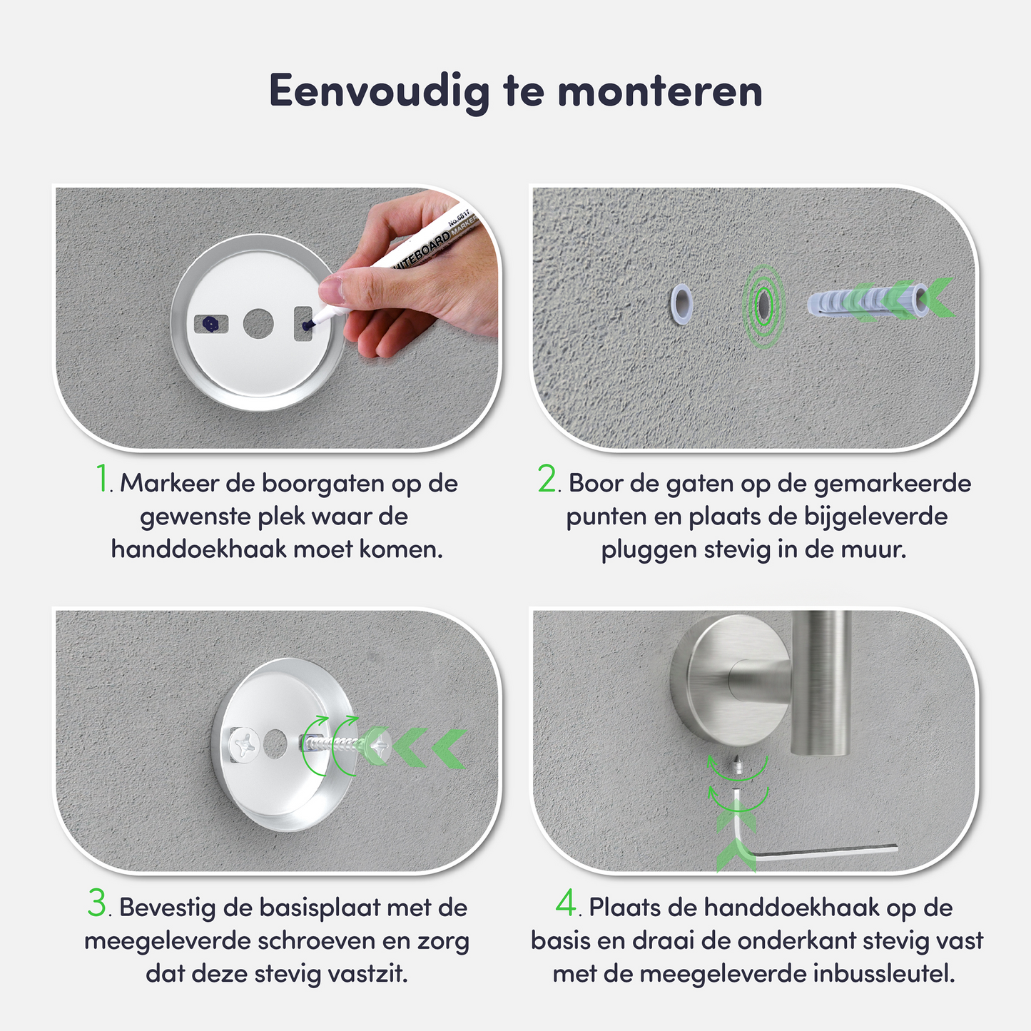 EAVY - Handdoekhaak set van 2 - Boren - Schroef - RVS