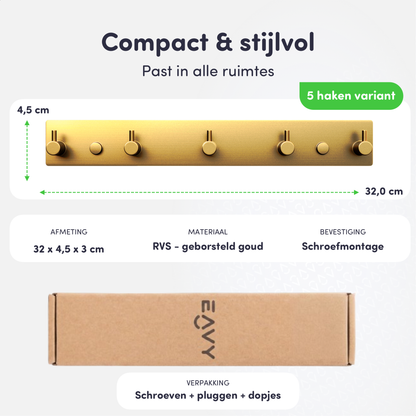 EAVY - Wandkapstok - Kapstok - 5 Haaks - 32 cm - RVS - Goud - Handdoekrek