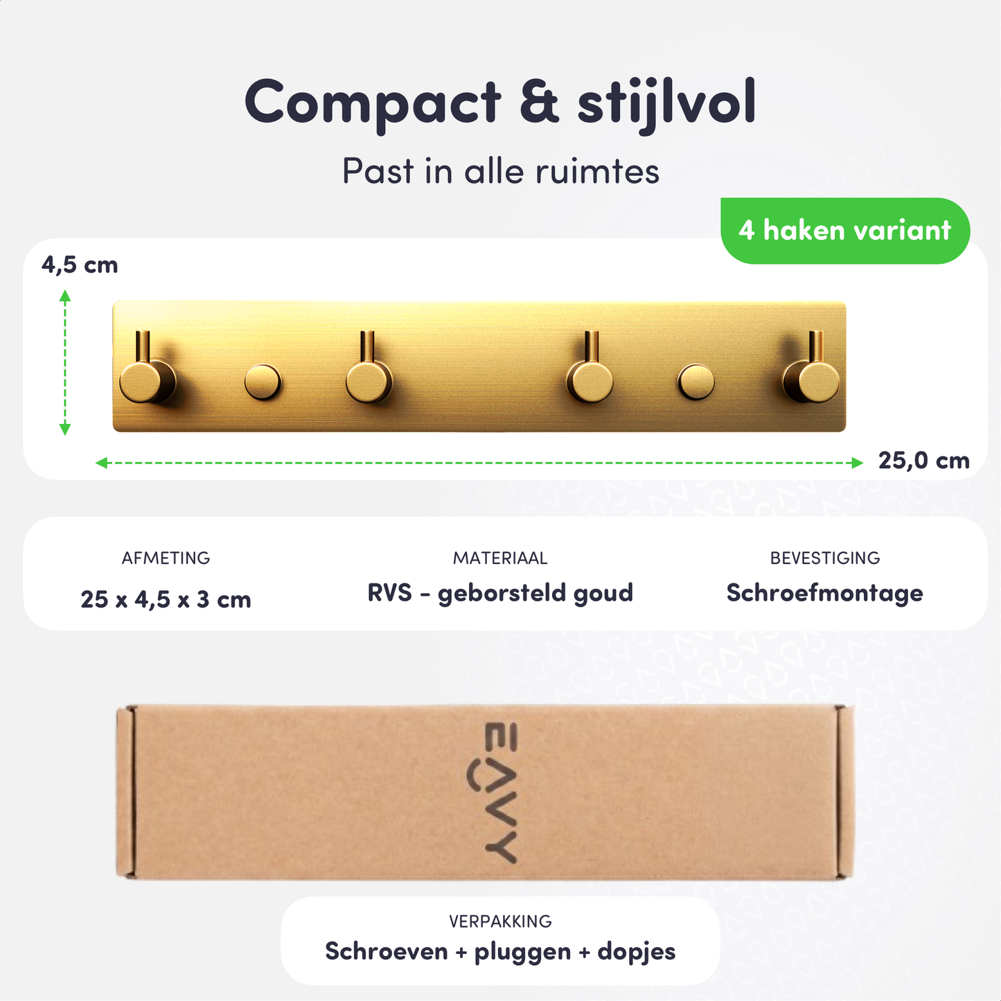 EAVY - Wandkapstok - Kapstok - 4 Haaks - 25 cm - RVS - Goud - Handdoekrek