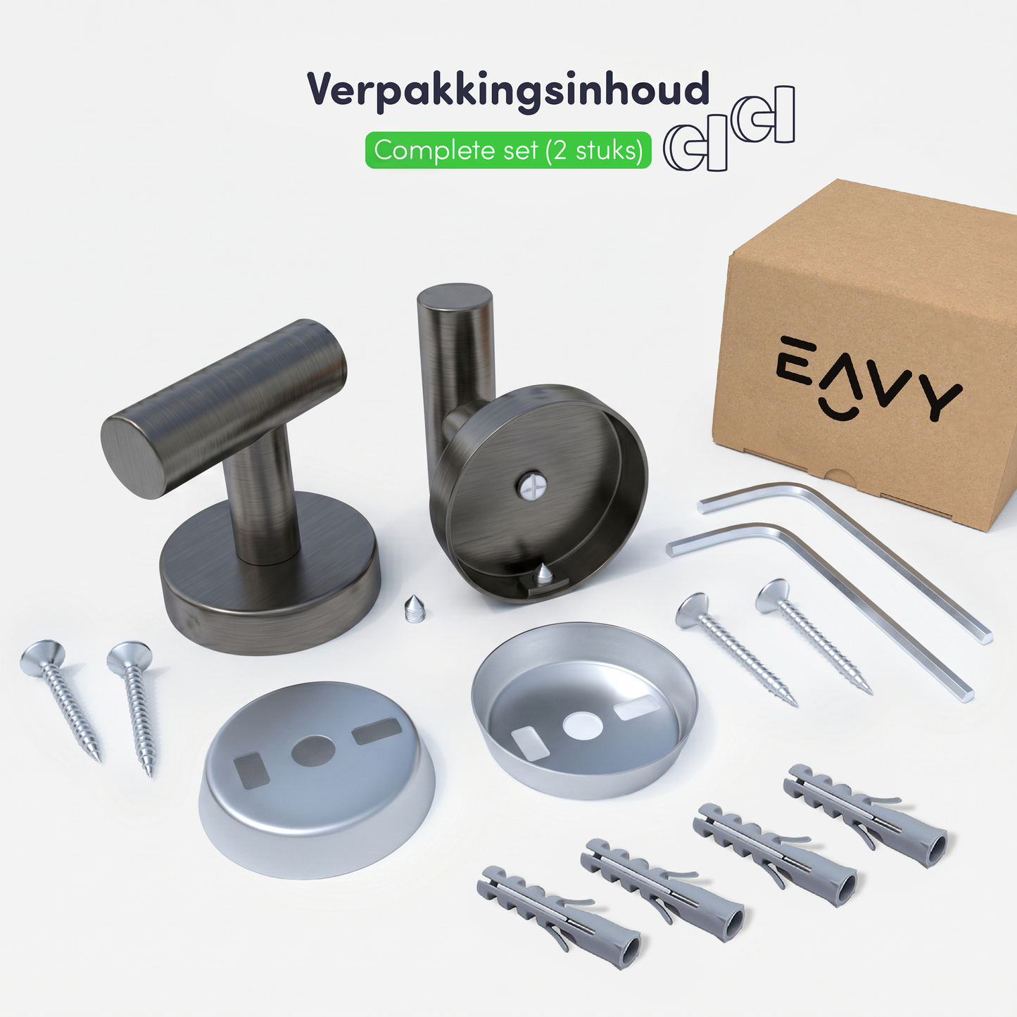 EAVY - Handdoekhaak set van 2 - Boren - Schroef - Gun Metal