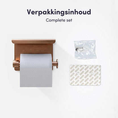 EAVY WC Rolhouder met Plankje - Zelfklevend of Boren - Geborsteld Koper
