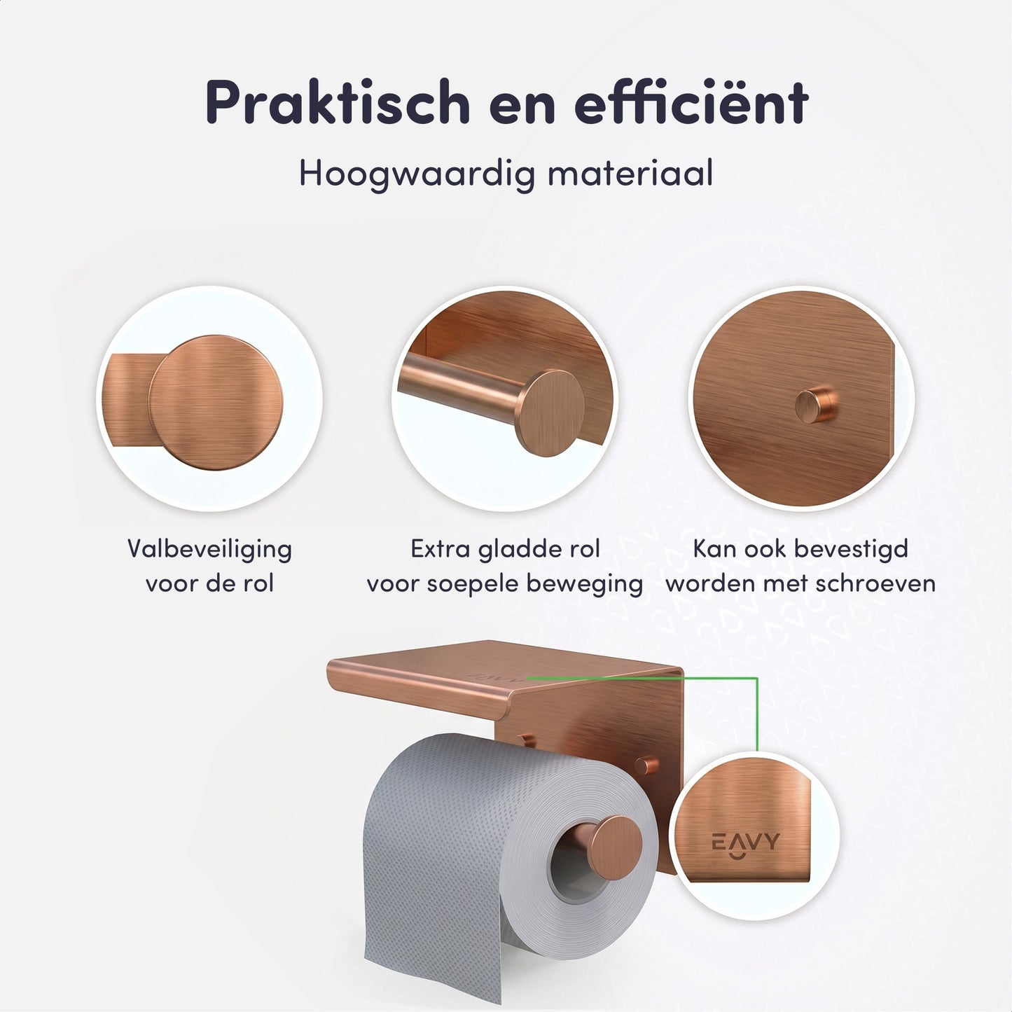 EAVY WC Rolhouder met Plankje - Zelfklevend of Boren - Geborsteld Koper