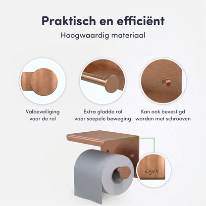 EAVY WC Rolhouder met Plankje - Zelfklevend of Boren - Geborsteld Koper