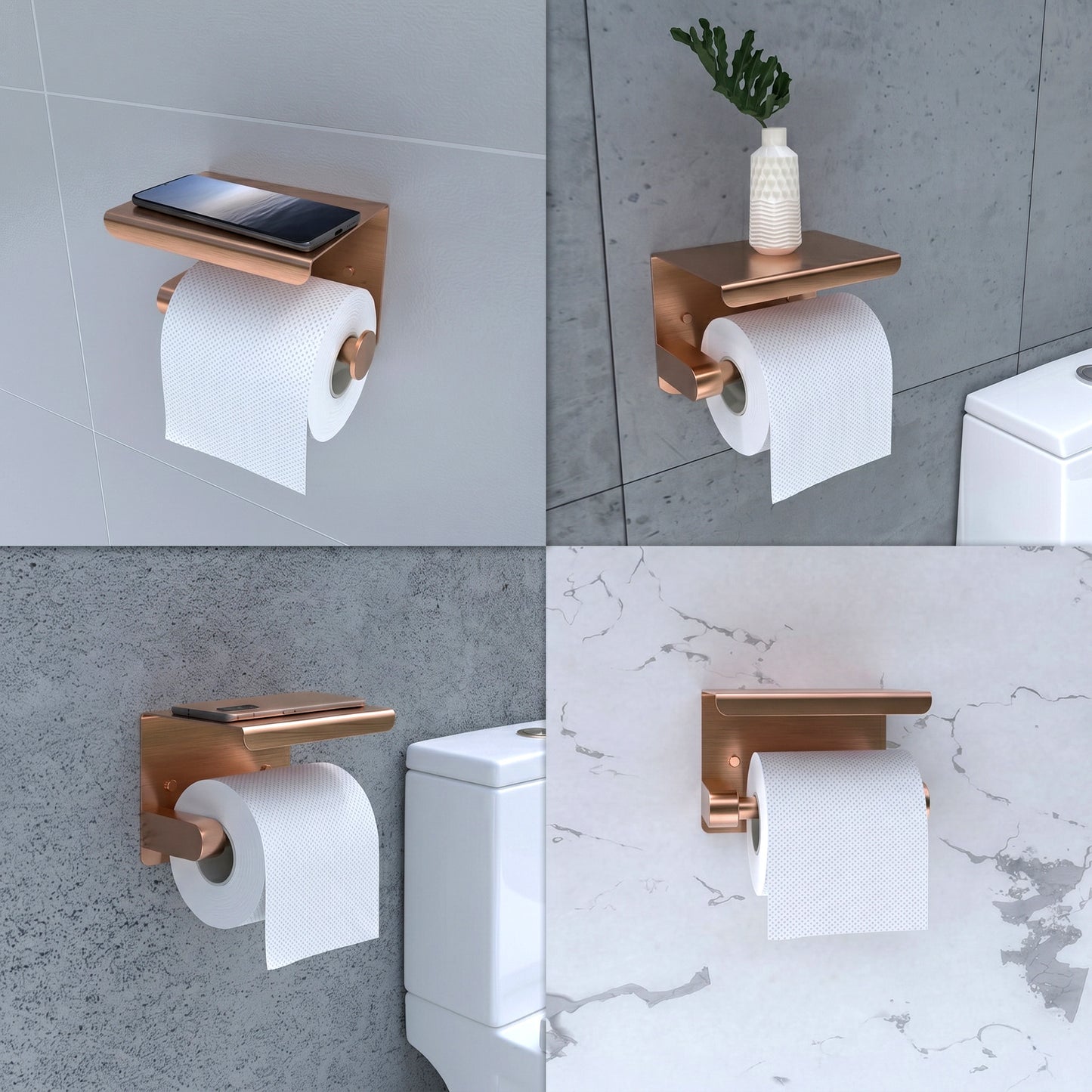 EAVY WC Rolhouder met Plankje - Zelfklevend of Boren - Geborsteld Koper