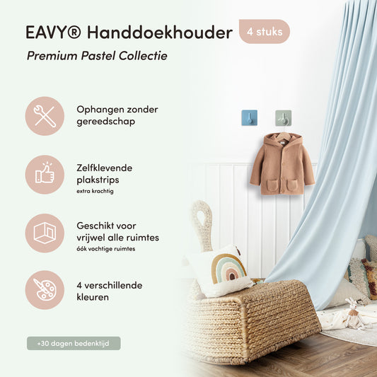 EAVY - Kinderkapstok - Zelfklevende handdoekhaakjes - Pastel Kleuren - Vierkant - RVS - 4 stuks