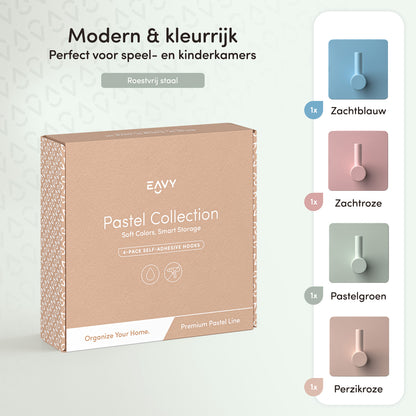 EAVY - Kinderkapstok - Zelfklevende handdoekhaakjes - Pastel Kleuren - Vierkant - RVS - 4 stuks