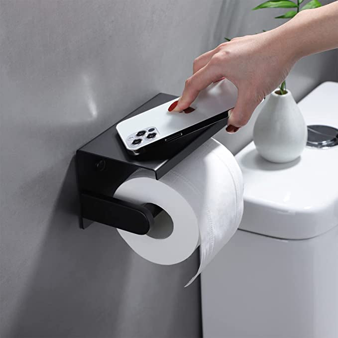 Toiletrolhouder zwart met plankje telefoon