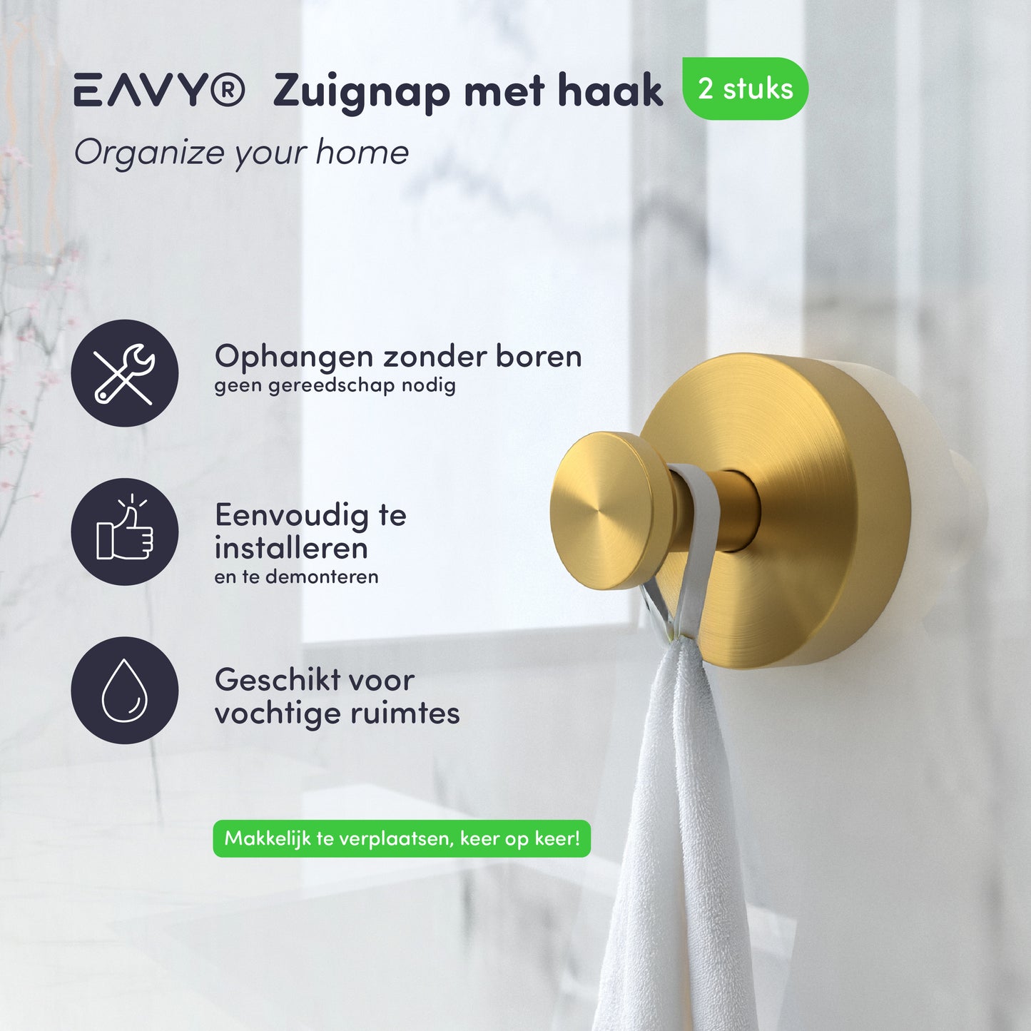 Zuignap met haak (2 stuks) - Handdoekhaakje - Goud - RVS