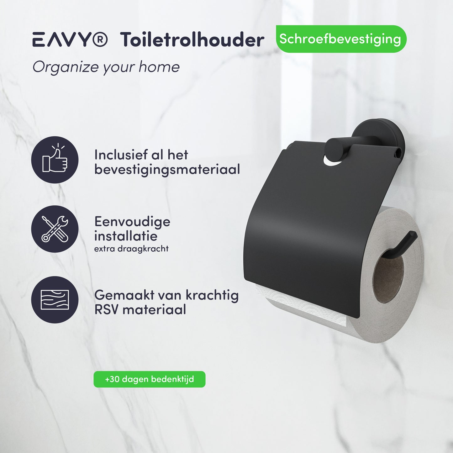 EAVY - Toiletrolhouder Zwart Rond met Klep - Schroef