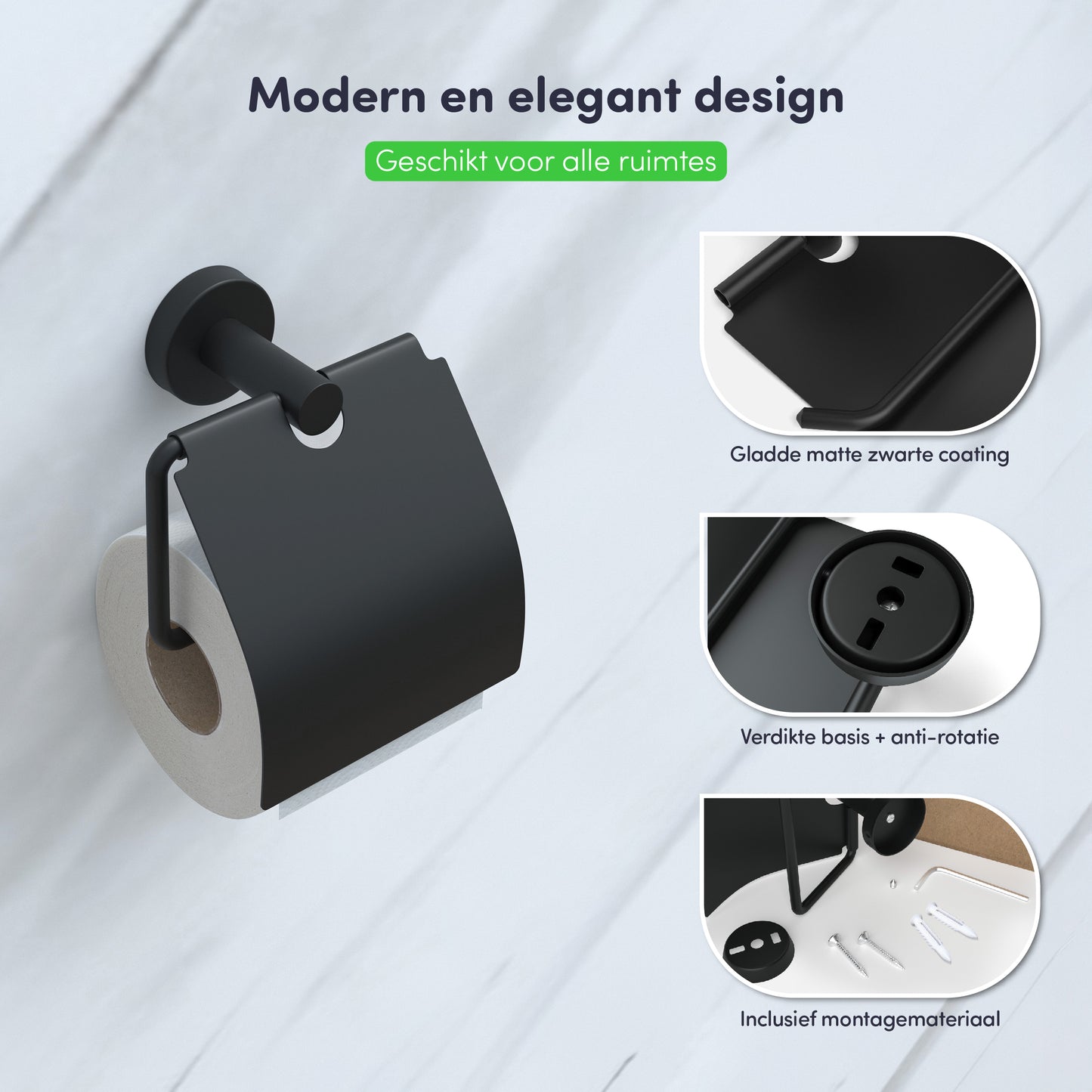 EAVY - Toiletrolhouder Zwart Rond met Klep - Schroef