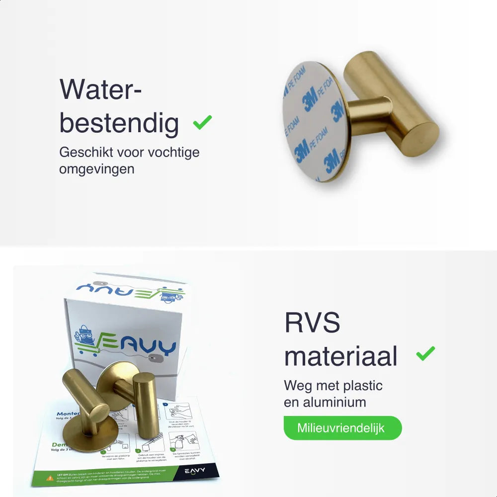 EAVY 2 stuks Zelfklevende Handdoekhaakjes - Handdoekhouders - Plakhaakjes - Goud - Eavy.nl