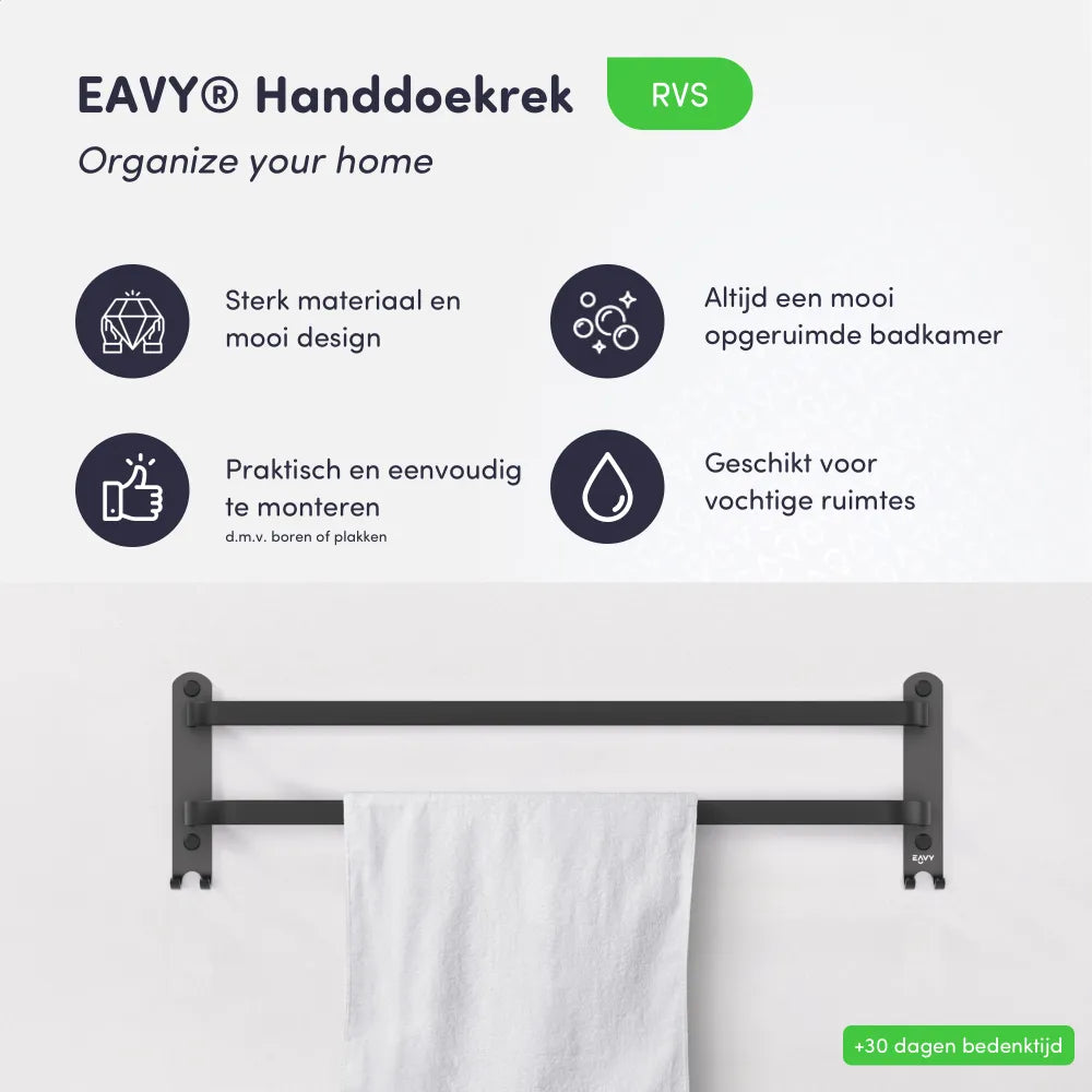 EAVY Handdoekrek - Handdoekhouders - Badkamer - 2 Handdoeken - Handdoekstang - Zwart - Eavy.nl