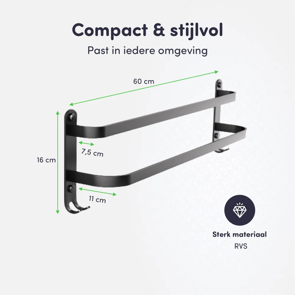 EAVY Handdoekrek - Handdoekhouders - Badkamer - 2 Handdoeken - Handdoekstang - Zwart - Eavy.nl