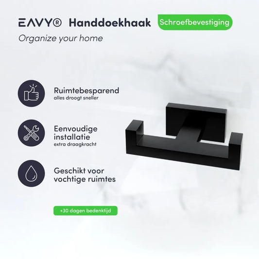EAVY enkele handdoekhaak in matzwart RVS met schroefbevestiging