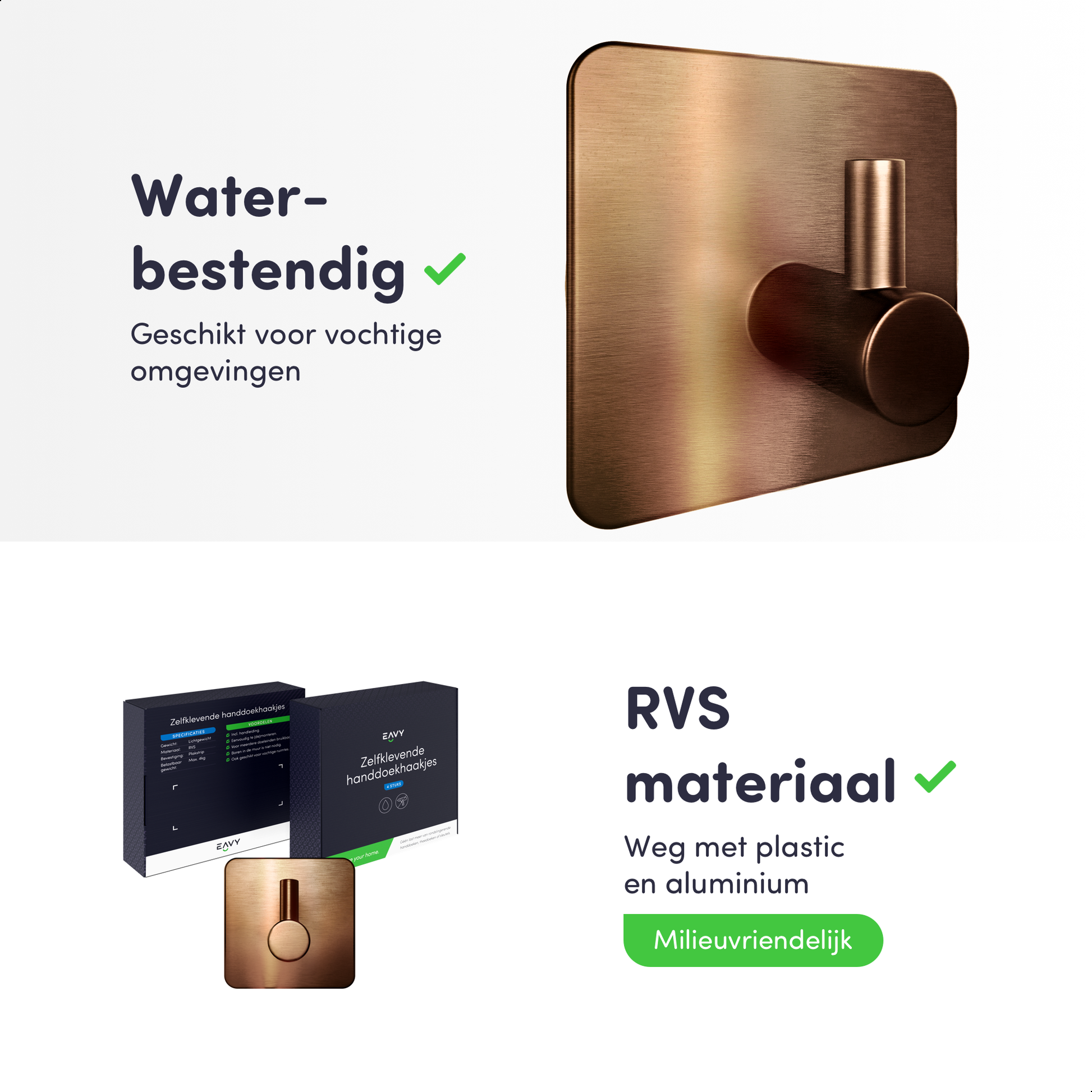 EAVY - Set van 4 Zelfklevende handdoekhaakjes RVS - Geborsteld Koper