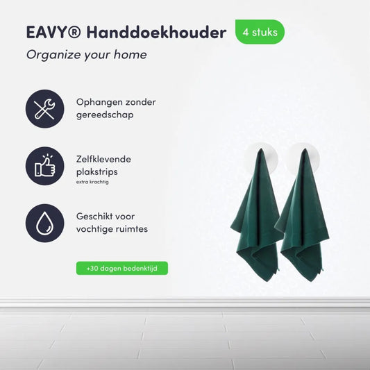 EAVY - Set van 4 Zelfklevende handdoekhaakjes RVS - plakhaak - WIT - EAVY.NL