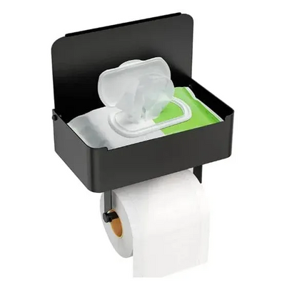Toiletrolhouder Zwart met Plankje en Bakje - Eavy.nl