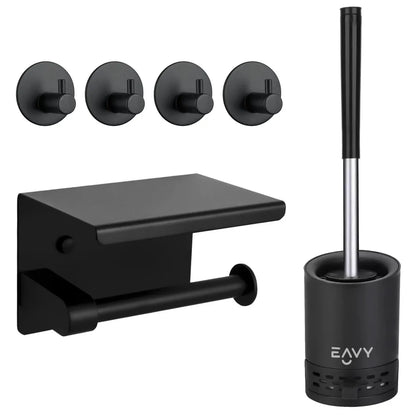 EAVY Voordeel Bundel - WC Rolhouder, Toiletborstel en Handdoekhaakjes - Complete Badkamer Set Zwart RVS
