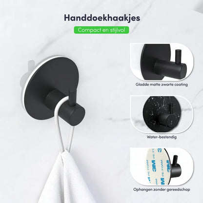 EAVY Badkamer Bundel - Toiletrolhouder, Toiletborstel en Handdoekhaakjes - Stijlvol Zwart Design