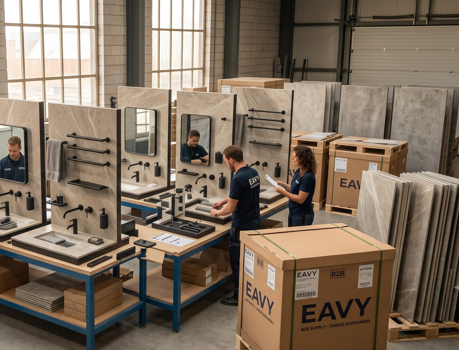 EAVY magazijn: team bereidt zakelijke badkamerlevering voor