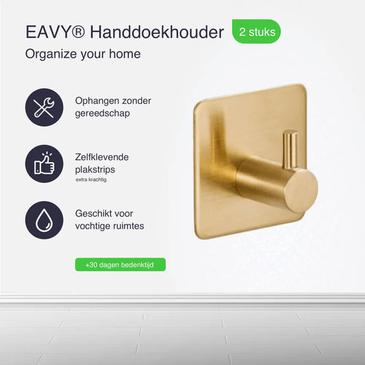 EAVY Zelfklevende Handdoekhaakjes – Set van 2 Handdoekhouders - Goud - RVS - Eavy.nl