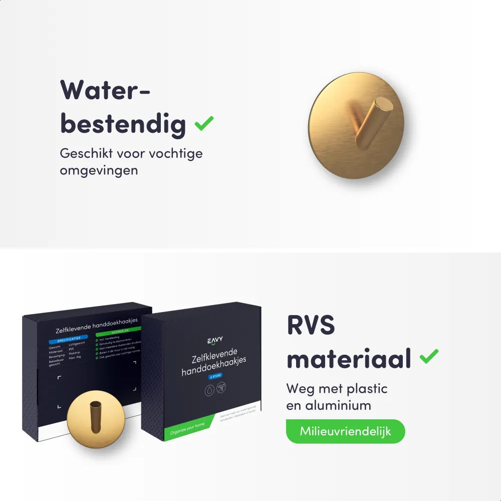 EAVY Zelfklevende Handdoekhaakjes – Set van 2 Handdoekhouders - Goud - RVS - EAVY.NL