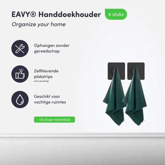 Voordelen van EAVY zelfklevende handdoekhaakjes - Draagkracht 4kg, geen boren nodig, zwart RVS design