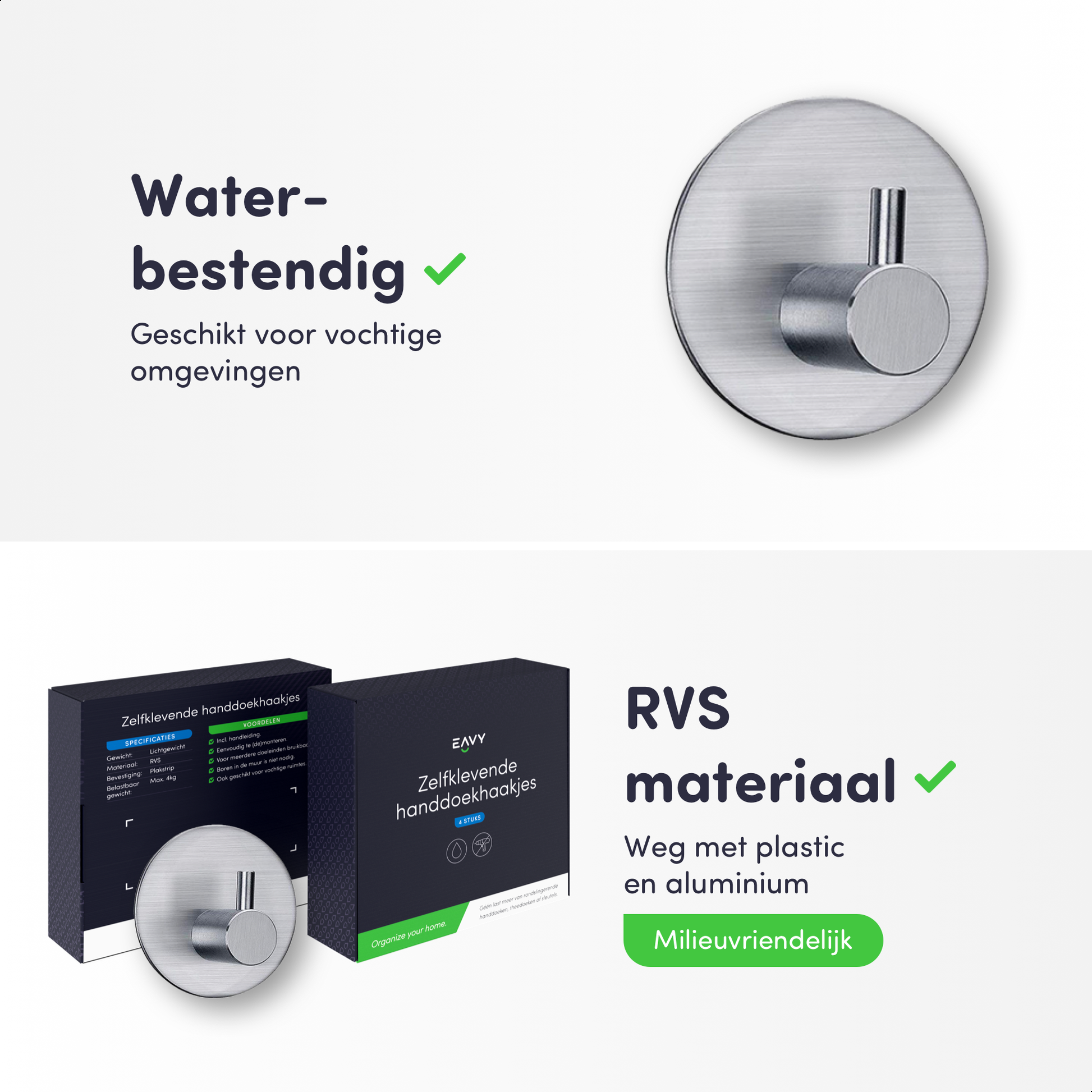 EAVY Zelfklevende Handdoekhaakjes – Set van 4 Handdoekhouders - RVS - EAVY.NL