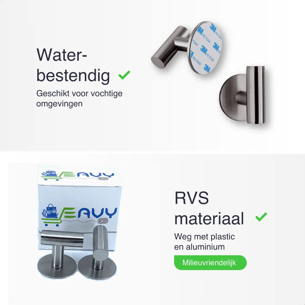 Zelfklevende Handdoekhaakjes - 2 Stuks - Badkamer-, kapstok-, jas- en wandhaak - Handdoekhouder - Handdoeklusjes - RVS - Satin - Eavy.nl