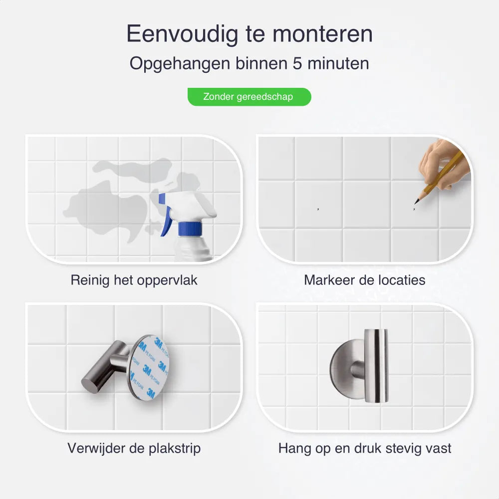 Zelfklevende Handdoekhaakjes - 2 Stuks - Badkamer-, kapstok-, jas- en wandhaak - Handdoekhouder - Handdoeklusjes - RVS - Satin - Eavy.nl