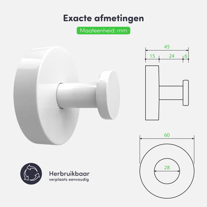 Zuignap met haak (2 stuks) - Handdoekhaakje - Wit - RVS