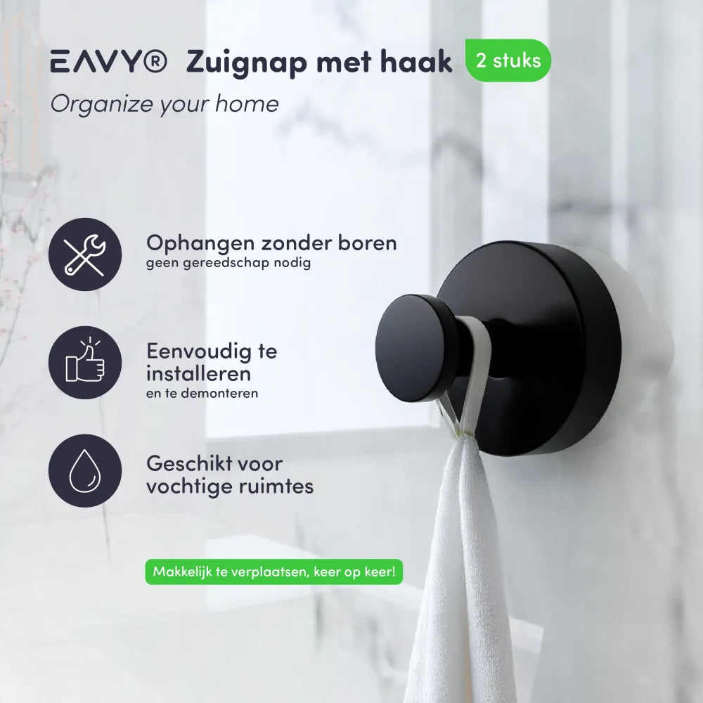Zuignap met haak (2 stuks) - Handdoekhaakje - Zwart - RVS
